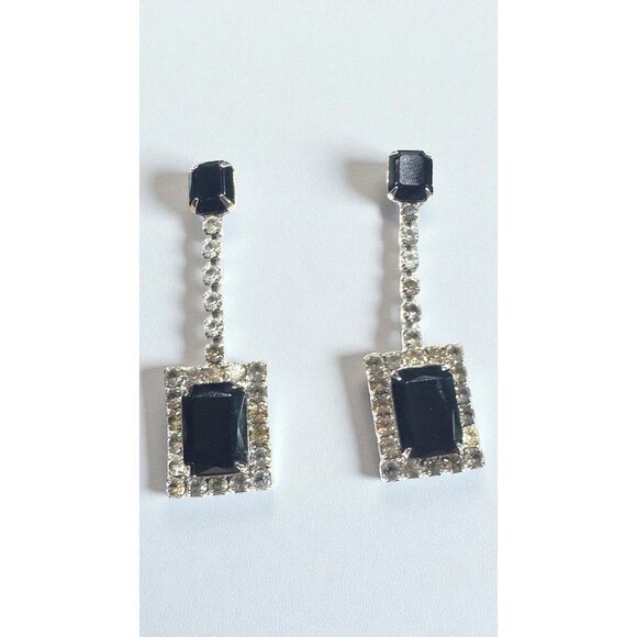 Vintage Art Deco-Style Black & Clear Rhinestone Dangle Earrings - Picture 1 of 6